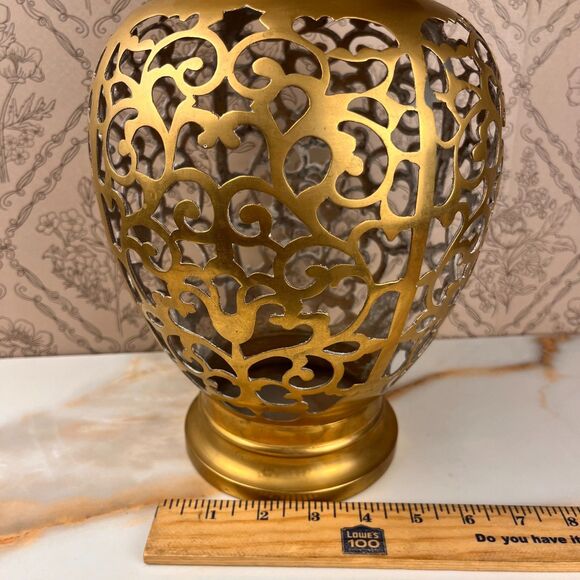 Luminary Alter Temple Jar Filigree Pattern Lid Open Bottom 13 in Metal Decor - Picture 5 of 11